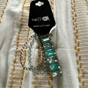 Rue21, Fashion Elastic Bracelet Set, Teal/Gold, New
